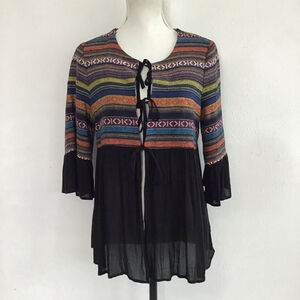 PLEIONE Women Elegant Tunic M Black Multi-color Striped Bell Sleeve M